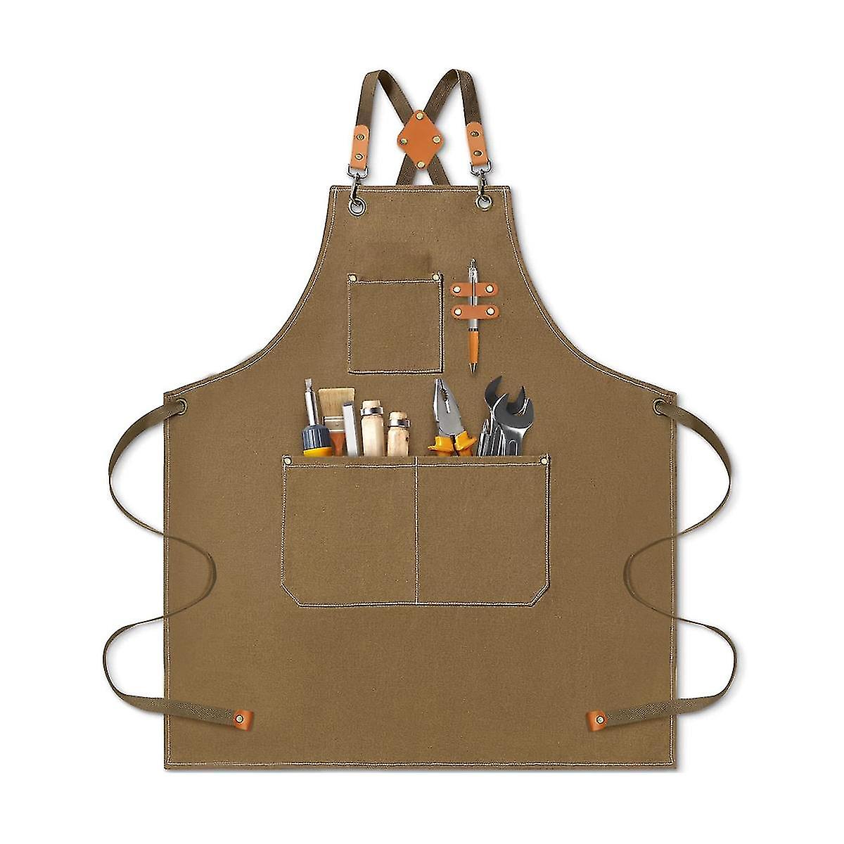 Chef Apron For Men, Heavy Duty Cotton Canvas Apron Back Apron With Adjustable Straps And Pockets Br