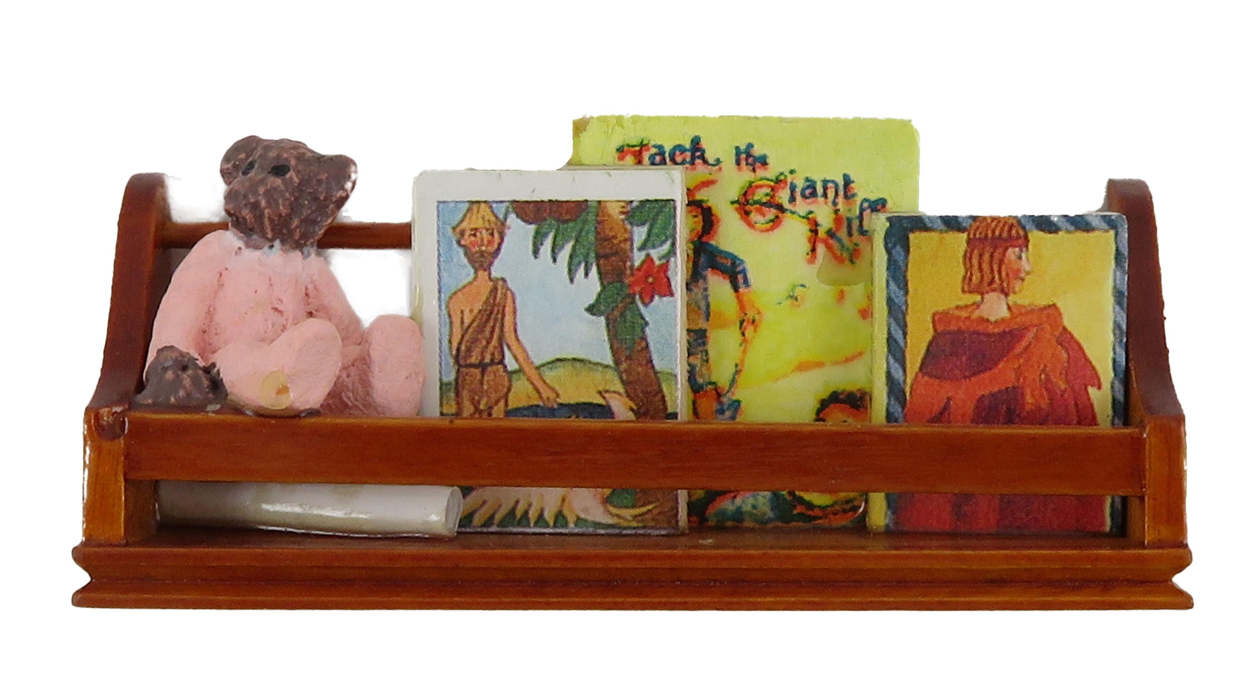 Dolls House Teddy & Book On A Shelf Wooden Miniature Nursery Accessory 1:12