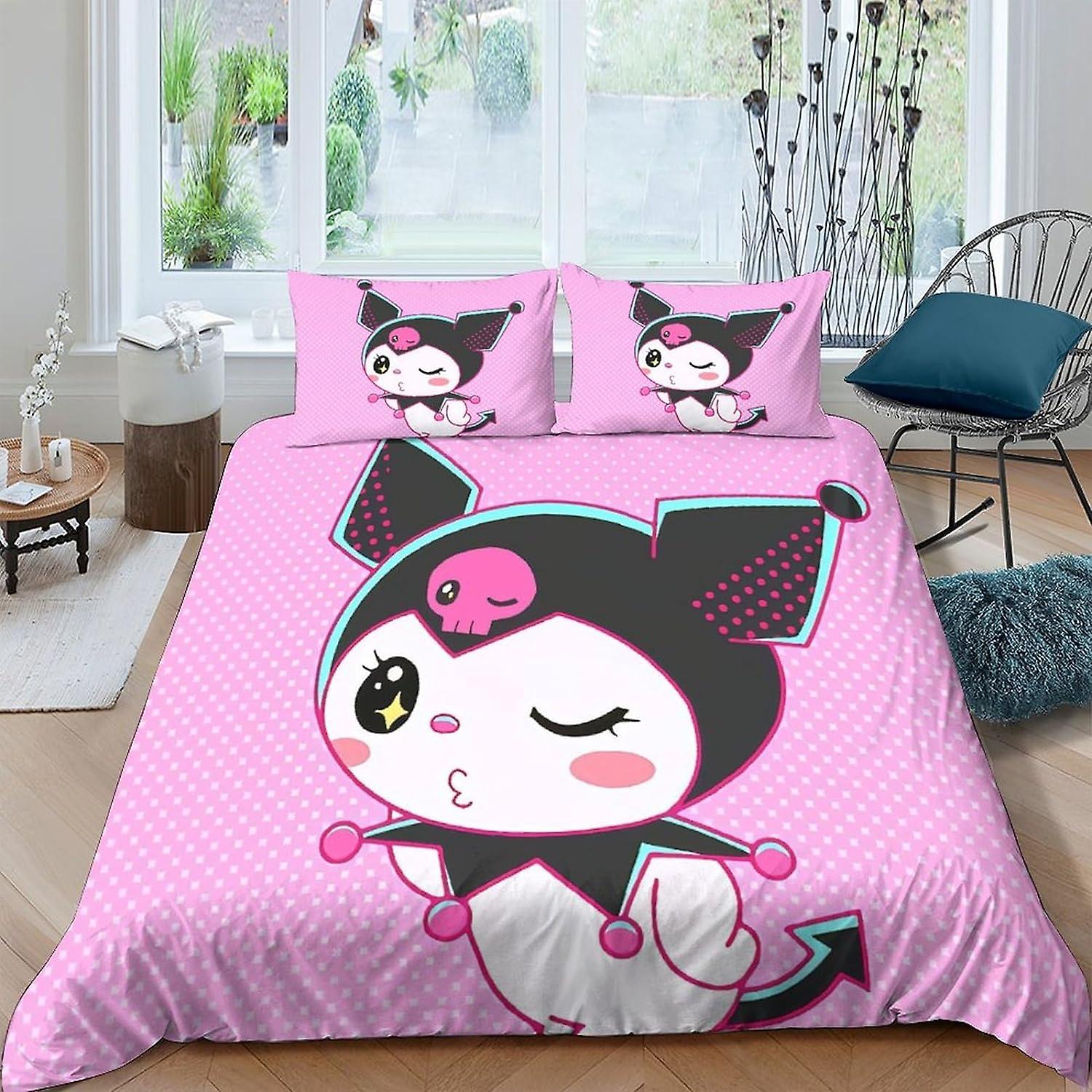 HOUKIG Kuromi Täcke Överdrag 3D-tryckta anime-karaktärer för pojkar Flickor Påslakan Påslakan med dragkedja Sängkläder Set med örngott Så