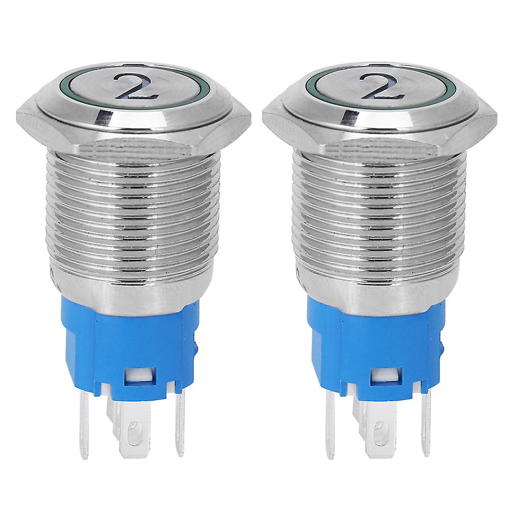 2PCS 16mm Green LED Flat Self-Reset 5-Pin Metal Push Button Switch, '2' Symbol, 24VDC