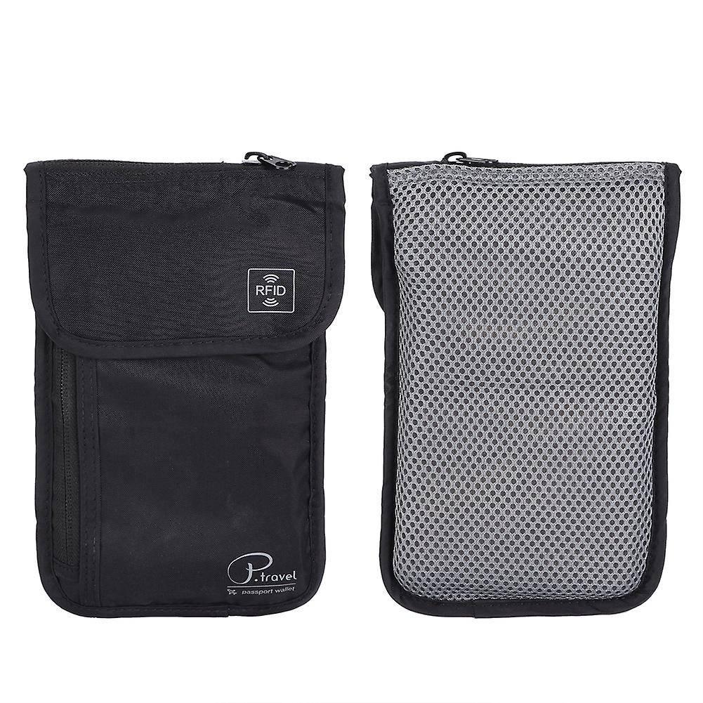 Rfid Lining Document Package Anti-Theft Storage Hanging Neck Bag Passport Package(Black)