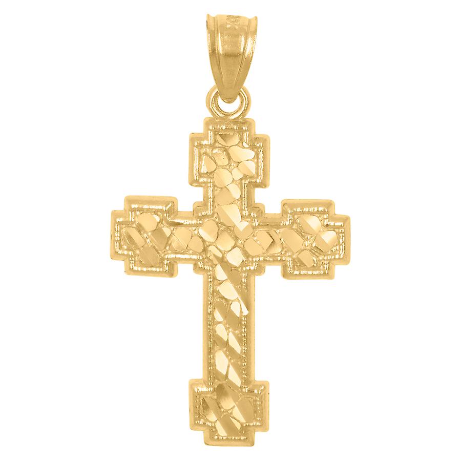 10Kイエローゴールドユニセックスナゲットクロス宗教チャームペンダントネックレス女性用32.3x17.8mmワイドペンダント