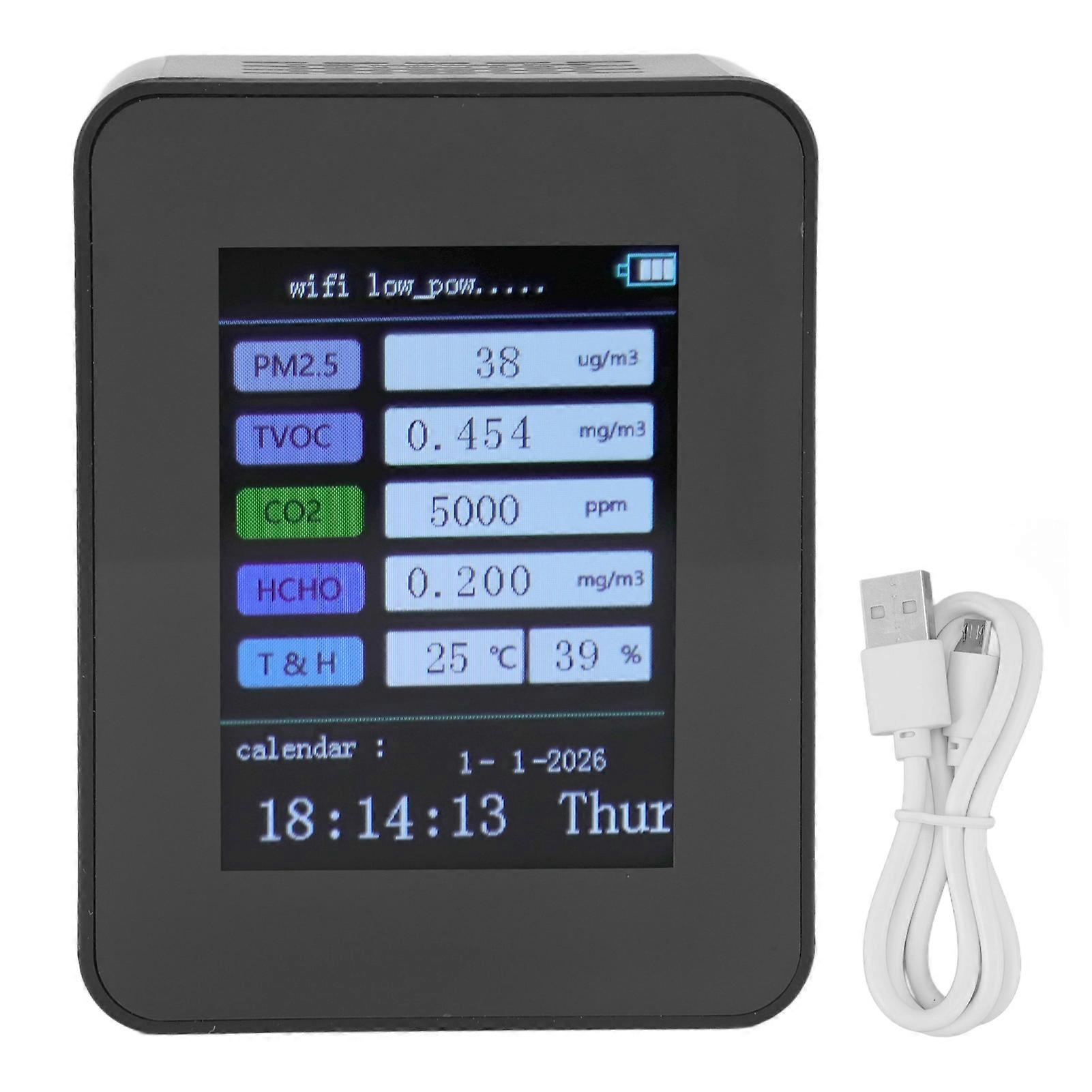 Raumluftqualitätsmonitor für TUYA WiFi Smart PM2.5 Formaldehydprüfung 7 in 1 Kalenderzeitfunktion Luftqualitätsdetektor Schwarz WIFI-Version VOC NO