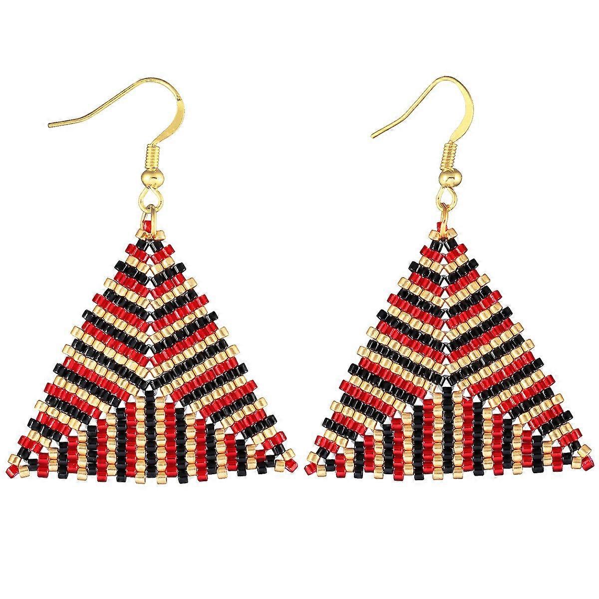 Earrings-Triangle Bead Fusion-Black Gold Red Elegance