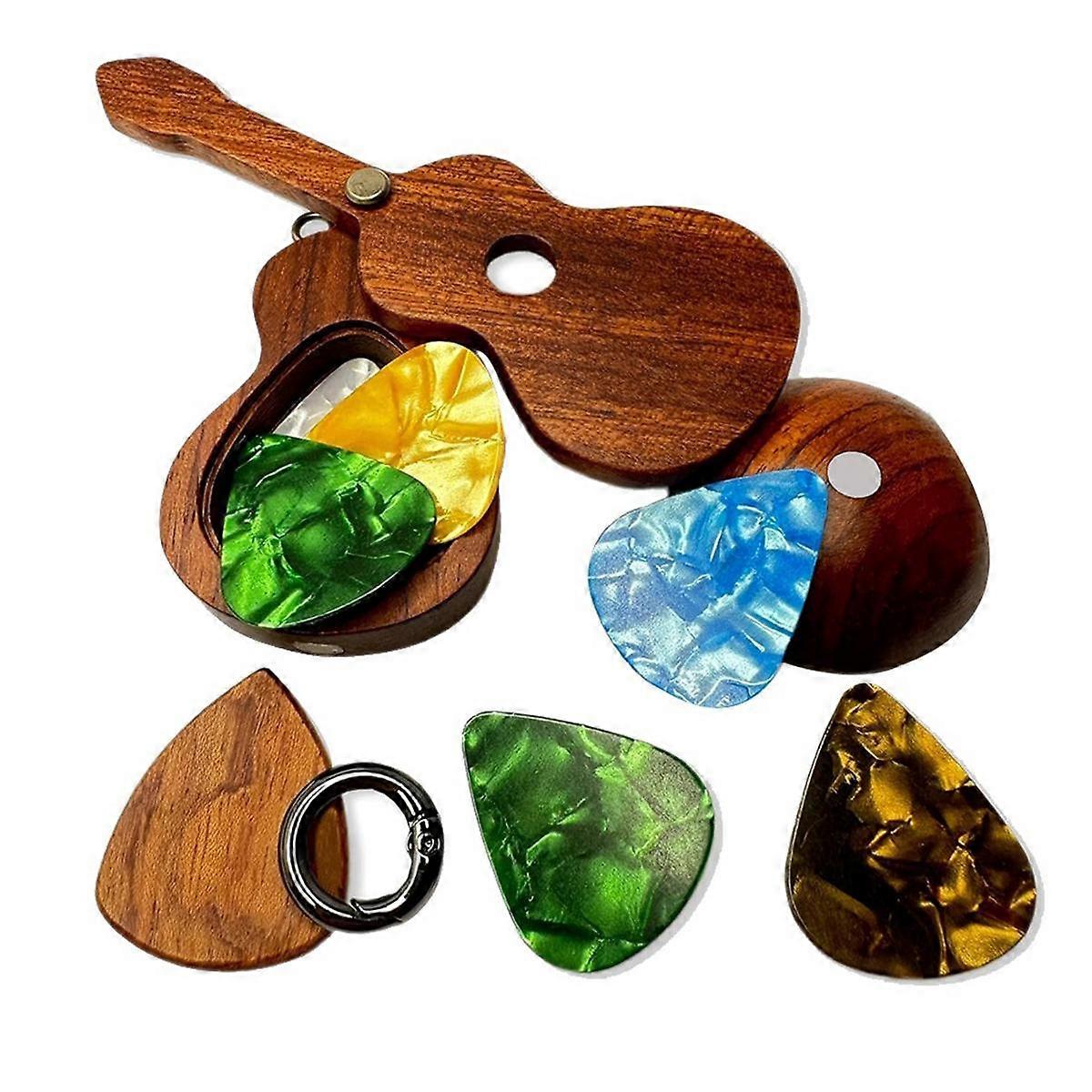 Hållare för gitarrplektrum med gitarrplektrum Gitarrnyckelring Trästatyer för heminredning Träfodral för gitarrplektrum