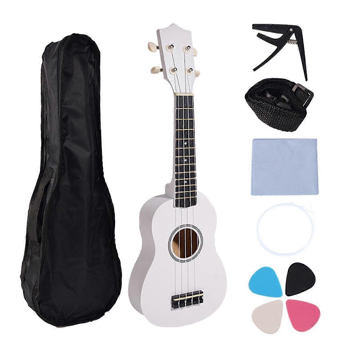 21 Inch Ukulele Set for Beginners 4-String Small Guitar Basswood Ukulele with Carry Bag Clip and 4 Picks-White
