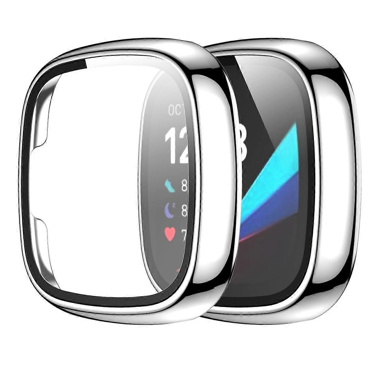 For Fitbit Versa 3/Sense Electroplating Hard PC Case with Tempered Glass Screen Protector Scratch Resistant Smart Watch Case
