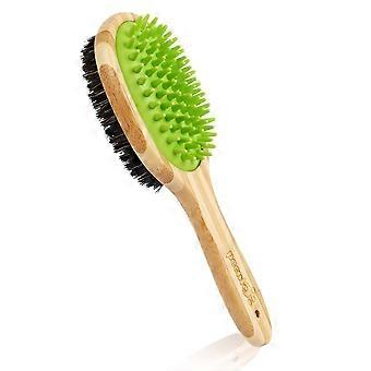 Double Sided Pet Massage Bath Brush - 2 in 1 Silicone Needle and Natural Bristle Bamboo Comb - Removes Loose Fur & Dirt - Great for Cats Dogs Short to
