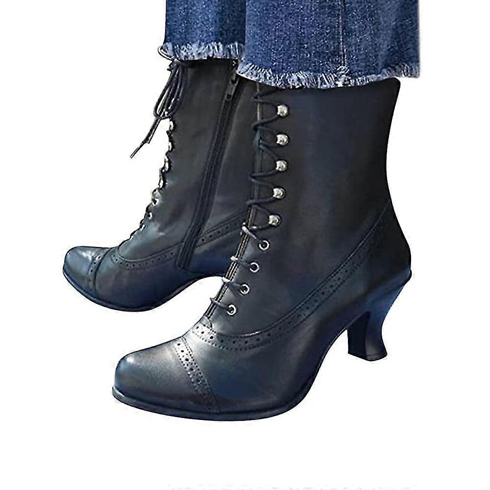 Women's Boots Plus Size Lace Up Winter Vintage Cuban Heel Pointed Toe Pu Leather Booties