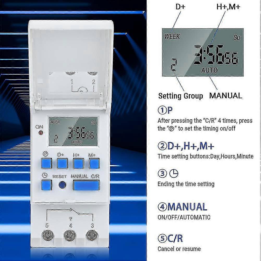 Timer Relay, Ac 220v Rail Mounted Timer, Digital Lcd Display Programmable Industrial Timer, 16 Switching Groups For Electronic Tim
