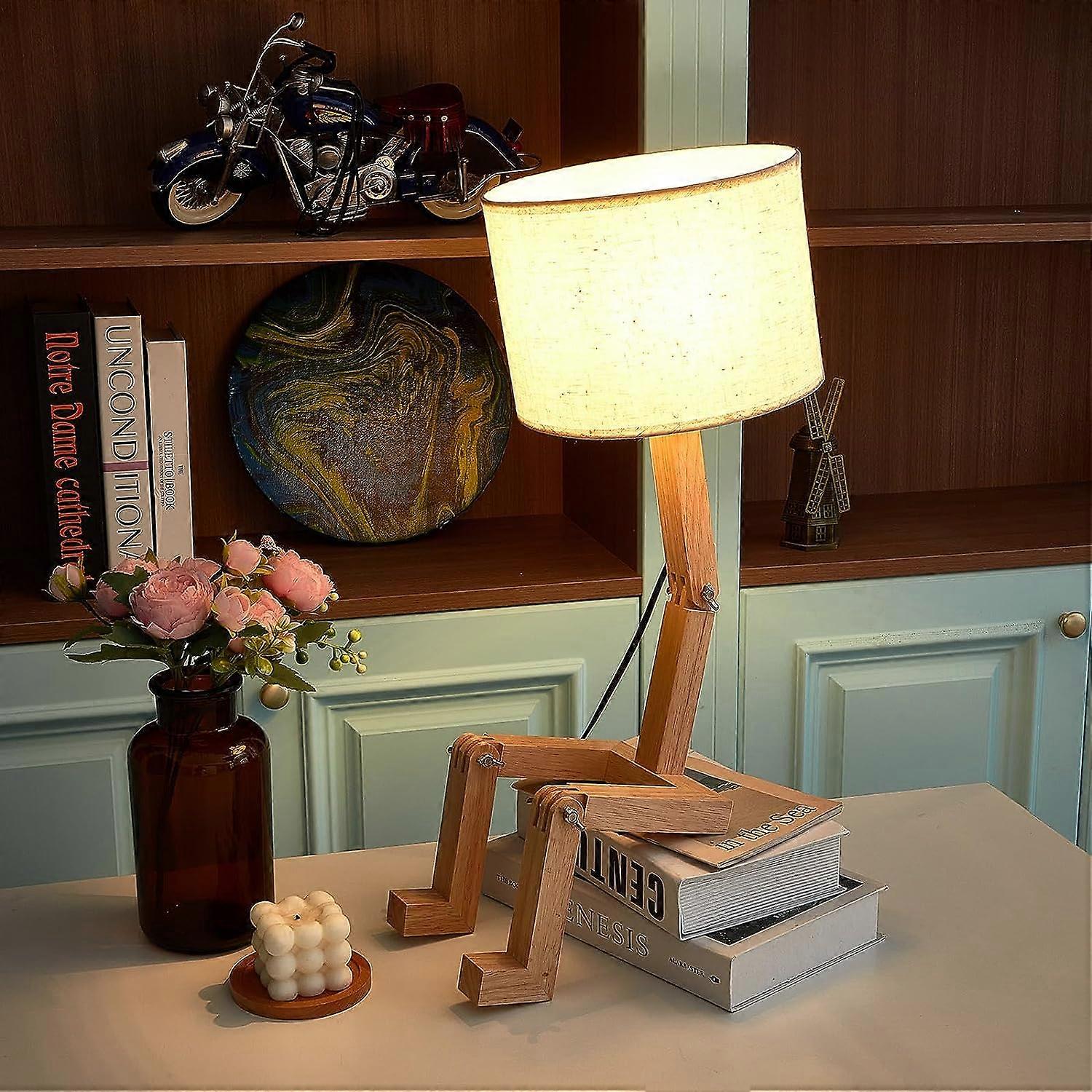 Robot Cute Desk Lamp Novelty Wooden Creative Table Lamp with Wood Base Adjustable Shape Bedside Fun Funky Lamp Reading