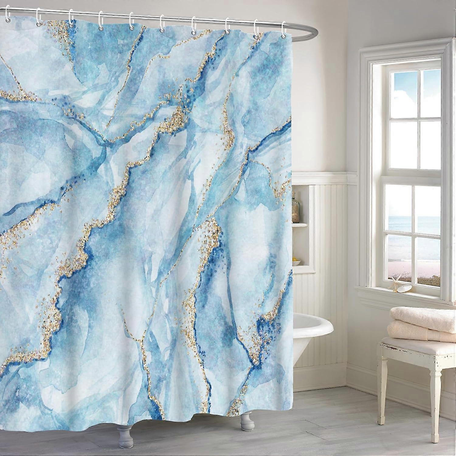 72x72 Inches Blue Gold Marble Shower Curtain Abstract Golden Glitter Watercolor Crack Lines Texture Modern Ink Art Shower Curtains for Bathroom Decor