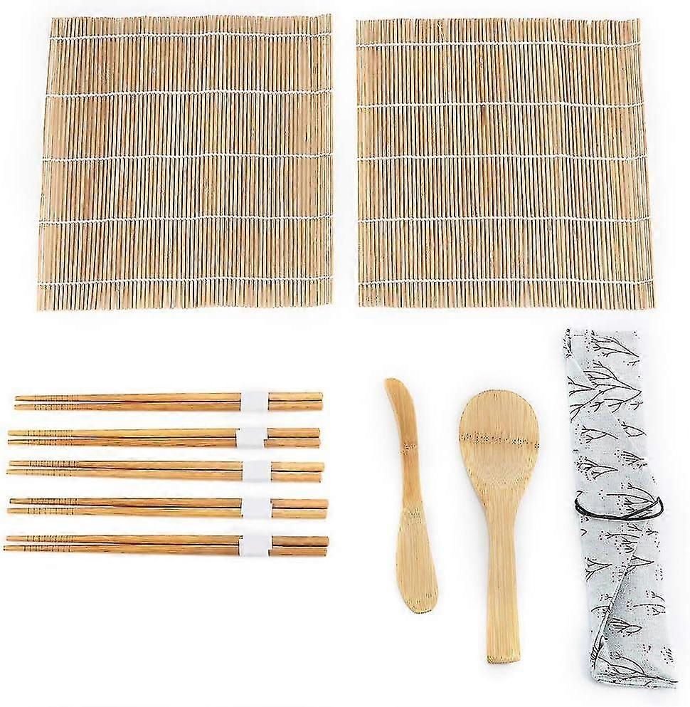 Bamboo Sushi Making Kit - 9Pcs: 2 Rolling Mats, 5 Pairs of Chopsticks, 1 Paddle, 1 Sushi Pad for Beginners Sushi Makers