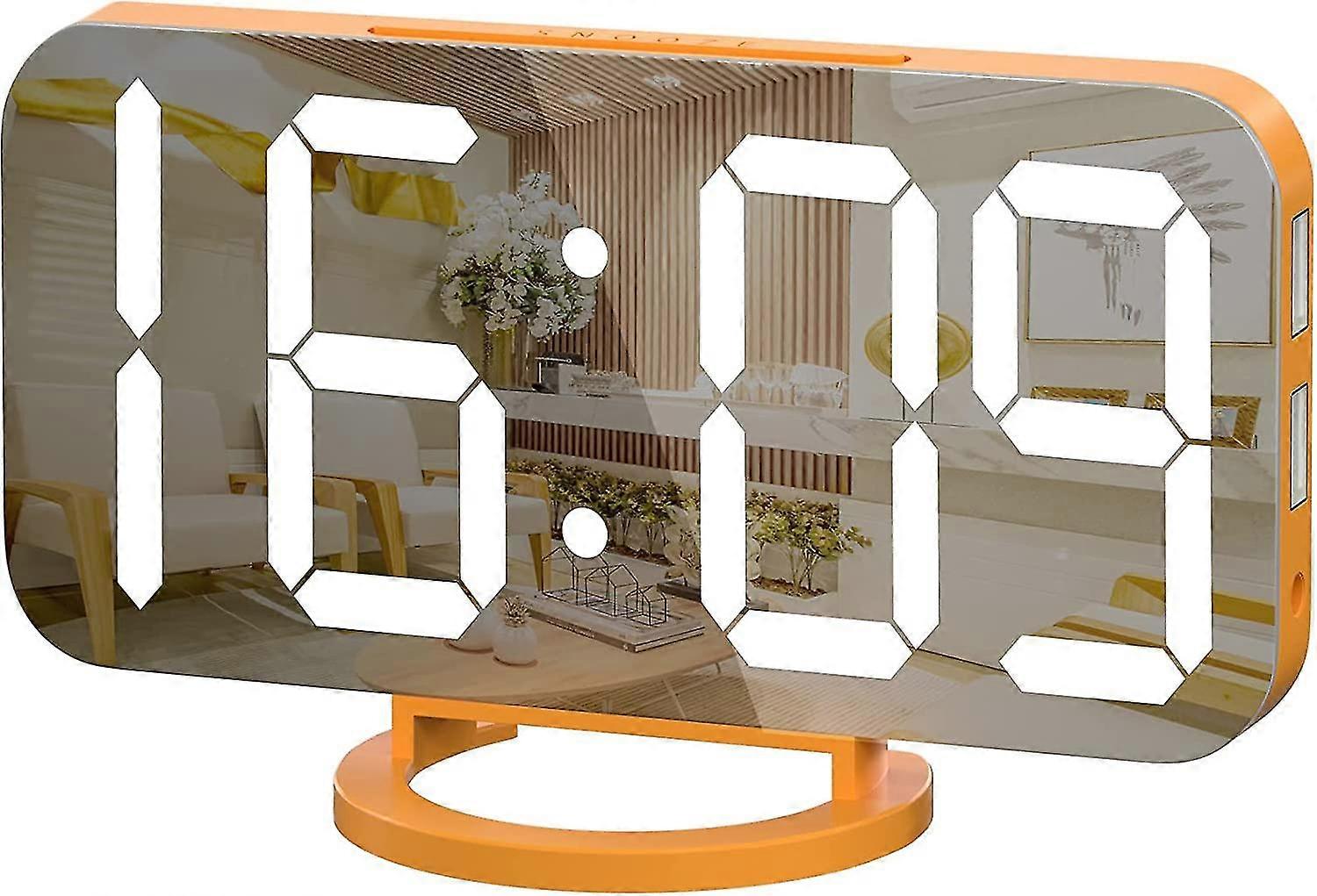 Digital Alarm Clock, Large Mirrored Led Display, With Usb Charger  -orange