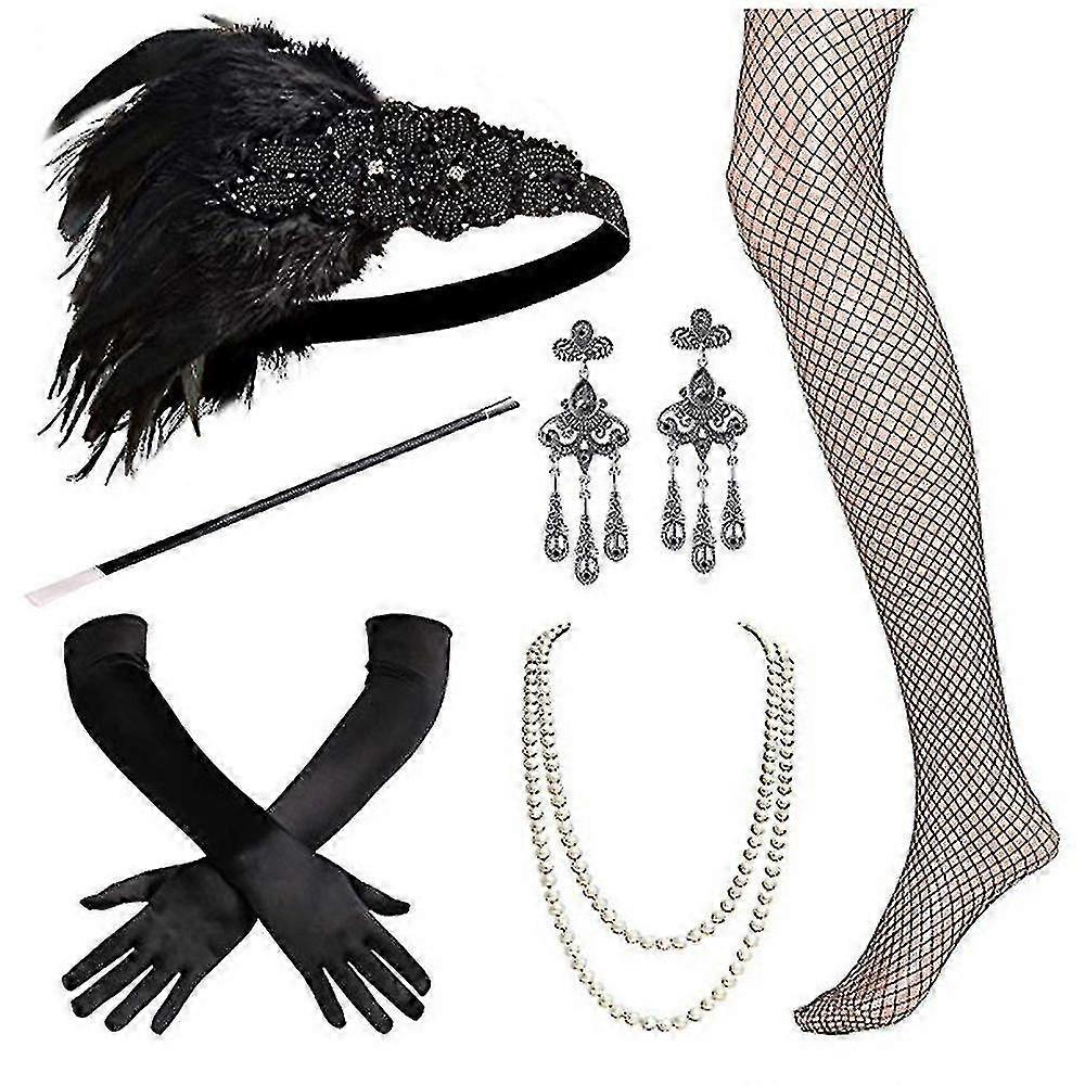 Set Accessori Anni '20 Per Donne | Collana Perle, Orecchini, Tiara, Occhiali, Guanti, Portasigarette - Foto 3