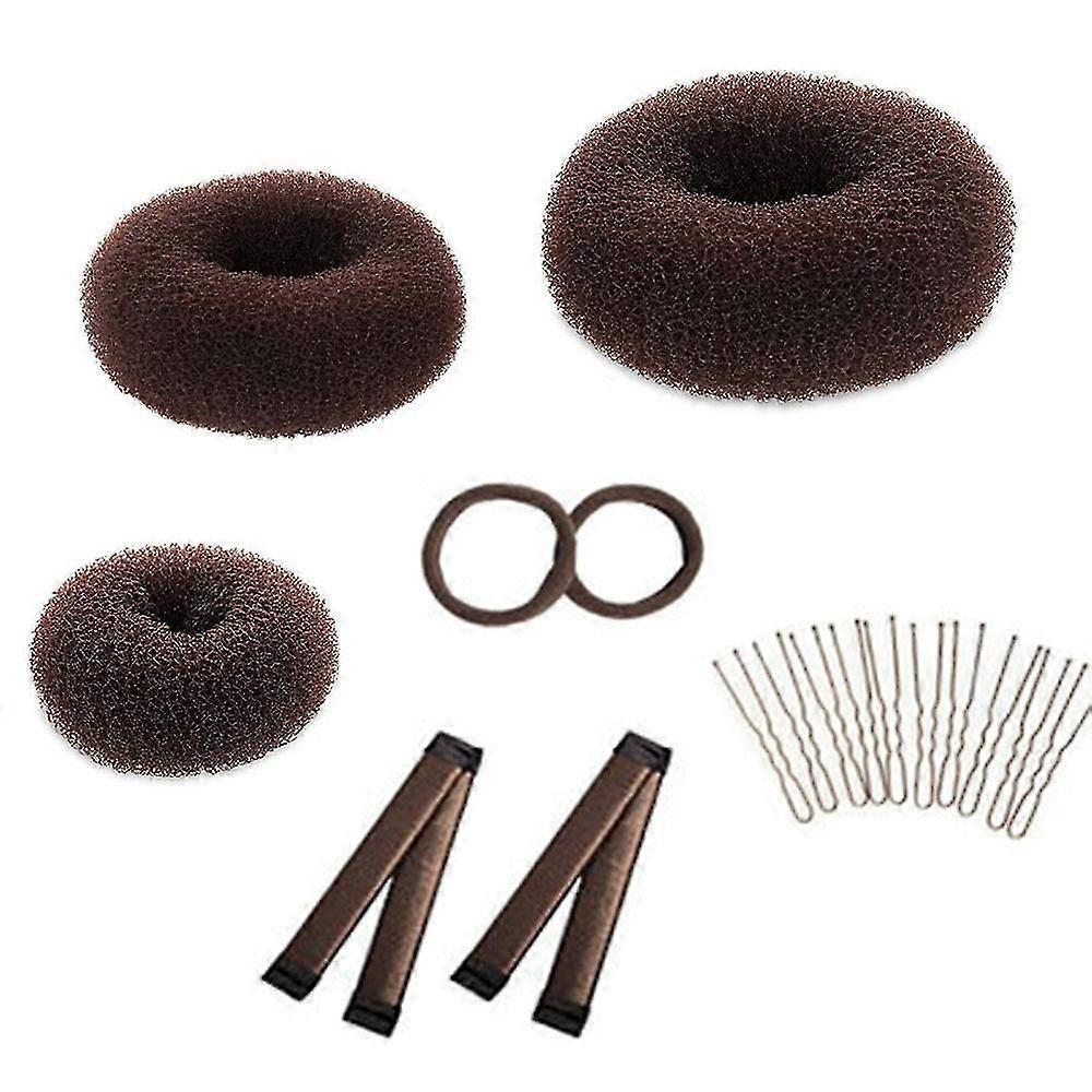 17 Stück Donut Haar Brötchen Maker Set, 3 Stück Haar Donut Brötchen Maker, 2 Stück Brötchen Lockenwickler-braun