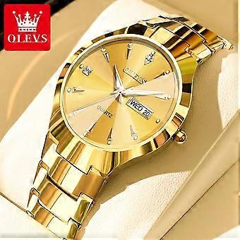 OLEVS Luxury Couple Watch for Men and Women Tungsten Steel Week Calendar Gold Quartz Watches Lovers Watches