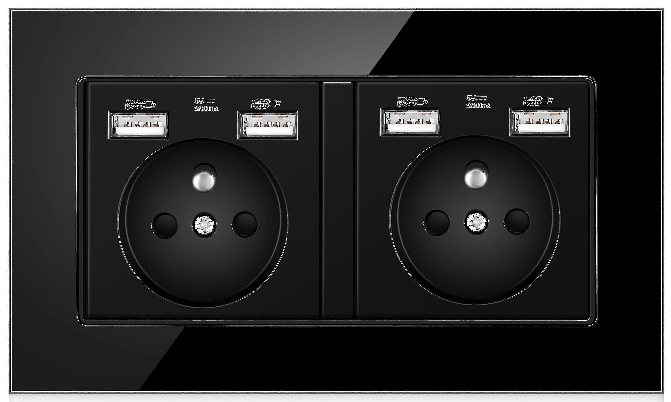 Two-slot Electrical Outlet With 4 Usb Ports Glass Panel Wall Power Plug Socket