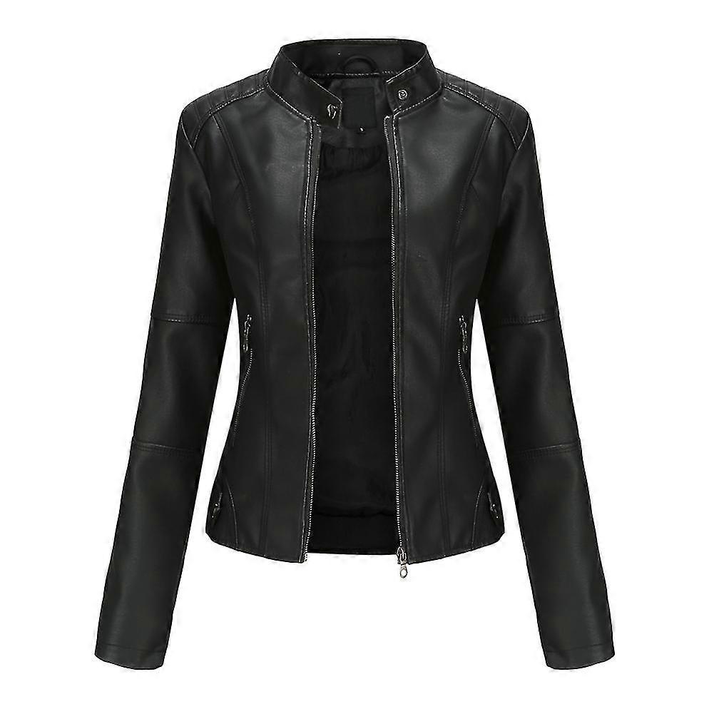 Womens Casual Zipper Down Stand Collar Leather Jacket