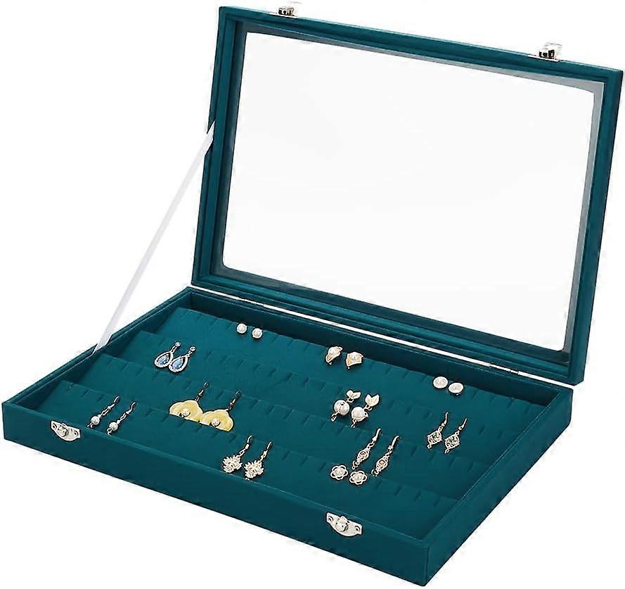 Rectangle Imitation Leather Earring Presentation Box Glass Clear Window Earring Organizer Case with Velvet Inside Teal 35x24x4.85cm DIY