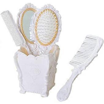 4 peças conjunto de pente retrô senhoras com espelho portátil em relevo (branco)