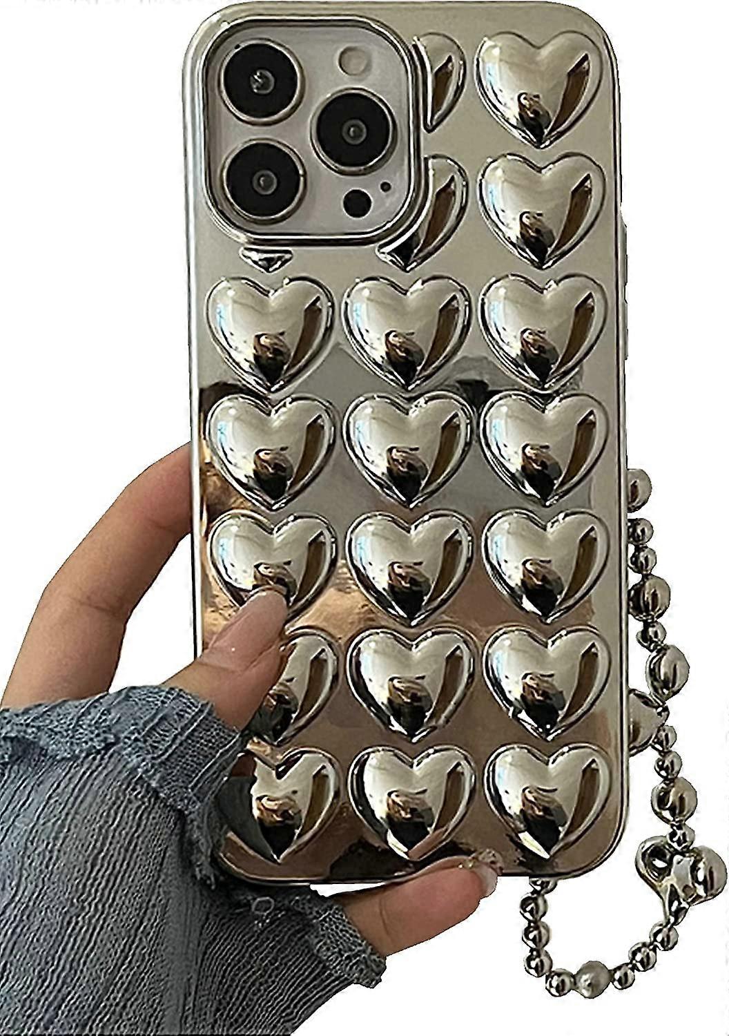 حافظة قلب iPhone 13 Pro ، حالة رقائق من القصدير من السيليكون الفضي الأنيق مع حزام قلب سوار سلسلة نسائية بنات جراب لهاتف iPhone 13