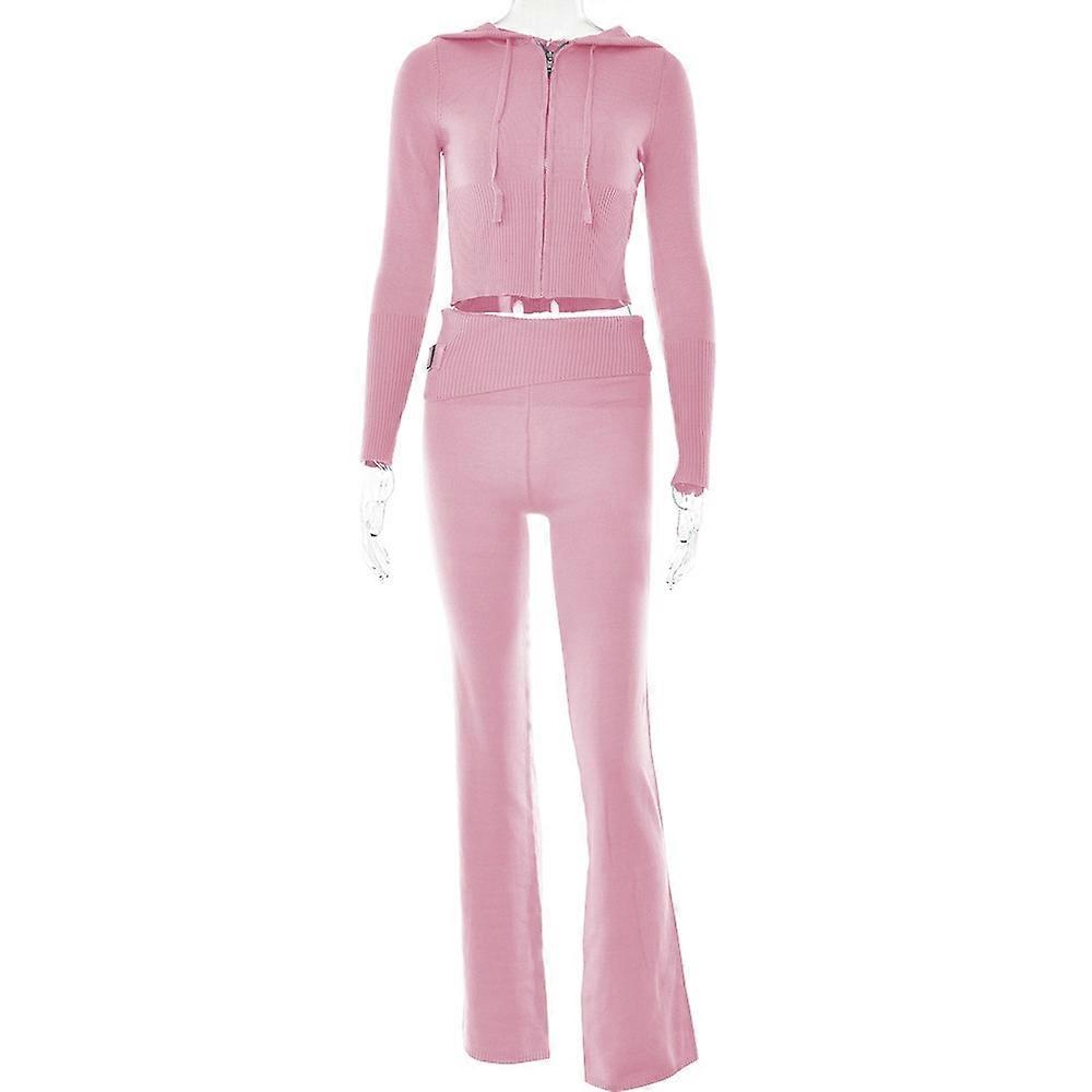 Gestrickte 2-teilige Sets Frauen Trainingsanzug Langarm Reißverschluss Kapuzenpullover Crop Top Schlaghose Stretch Matching Anzug