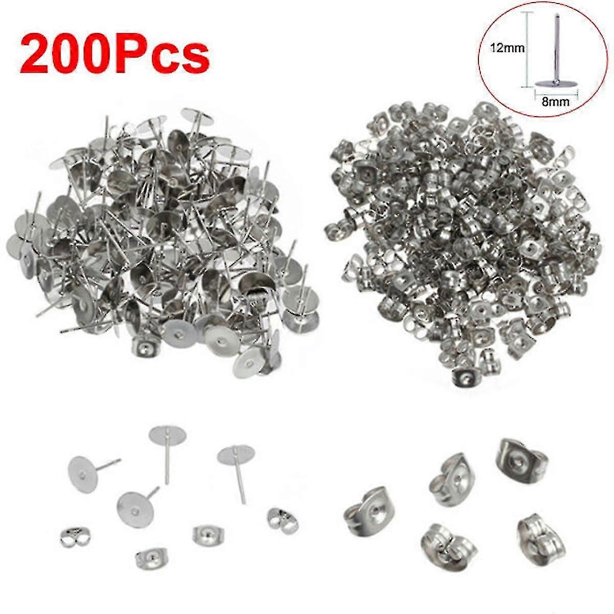 200pcs Flat Stud Earring Post 8mm Pads And Backs Hypoallernic Surgical Steel