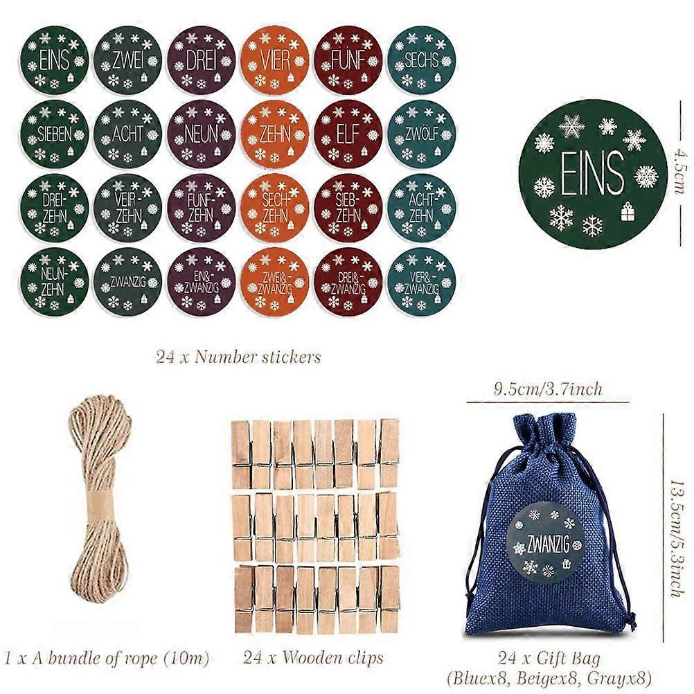 24 PCS Christmas Advent Calendar Filling Bag Set Christmas Gift Bags with 1-24 Advent Numbers Stickers for Wall Window Christmas Tree