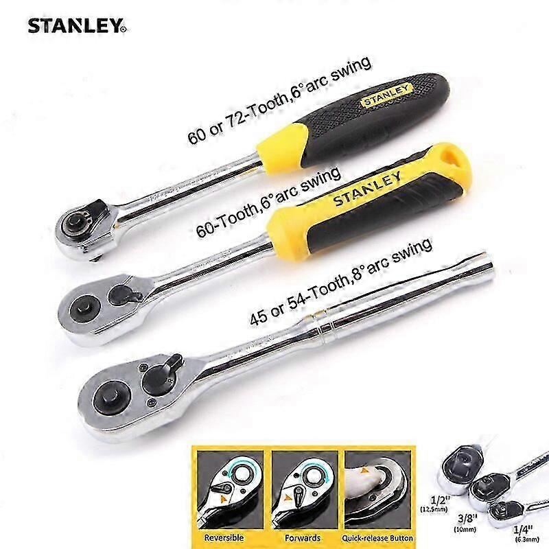 Stanley 1pcs Professional 1/4 3/8 1/2 Ratchet Wrench Spanner Mechanical Workshop Tools Wrenches For Socket Garage Auto Bicycle Motorcycle Knee Shin