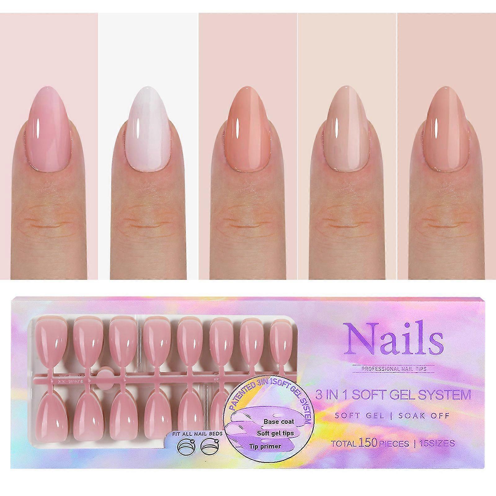 5 Colors Soft Gel Nail Tips Pre-applied Base Coat & Tip Primer Pre-made Fake Nails 15 Sizes False Nail Tips for Nail Art DIY