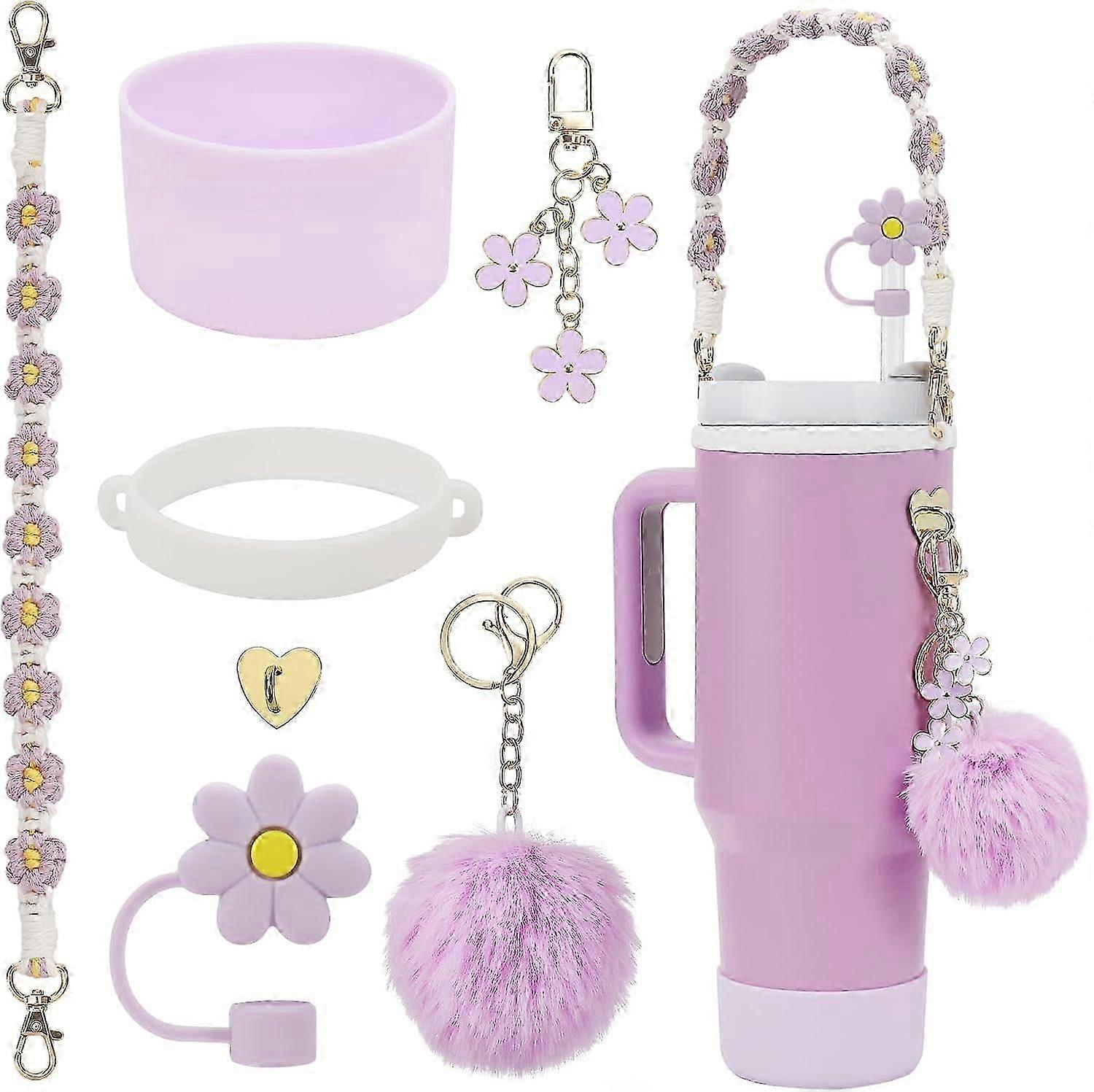 (B) Ensemble d’accessoires pour tasse Stanley - Sangle de poignée de bouteille d’eau, botte de tasse Stanley en silicone, breloques Stanley tasse Stanley 40 oz gobelet