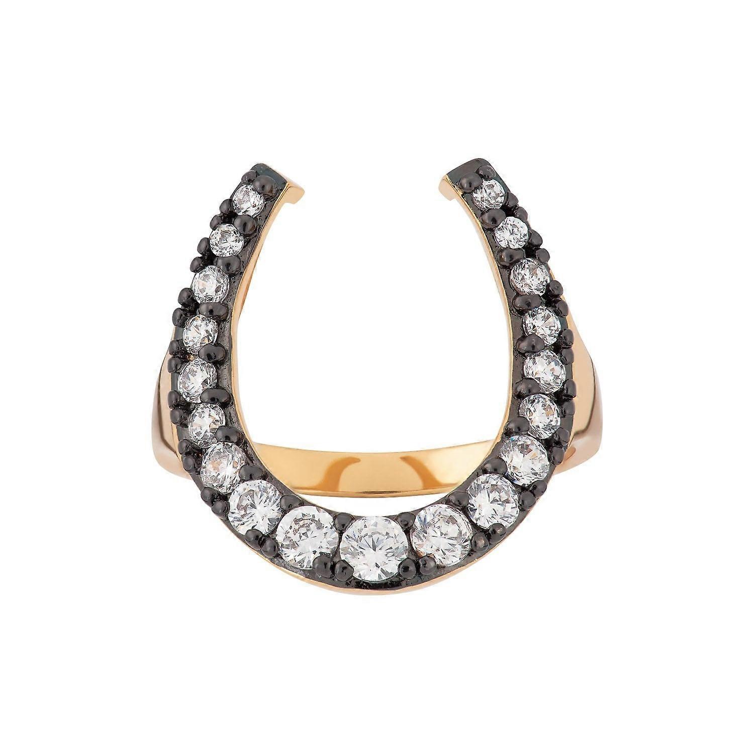 Black & Gold Horseshoe Ring With Clear Stones