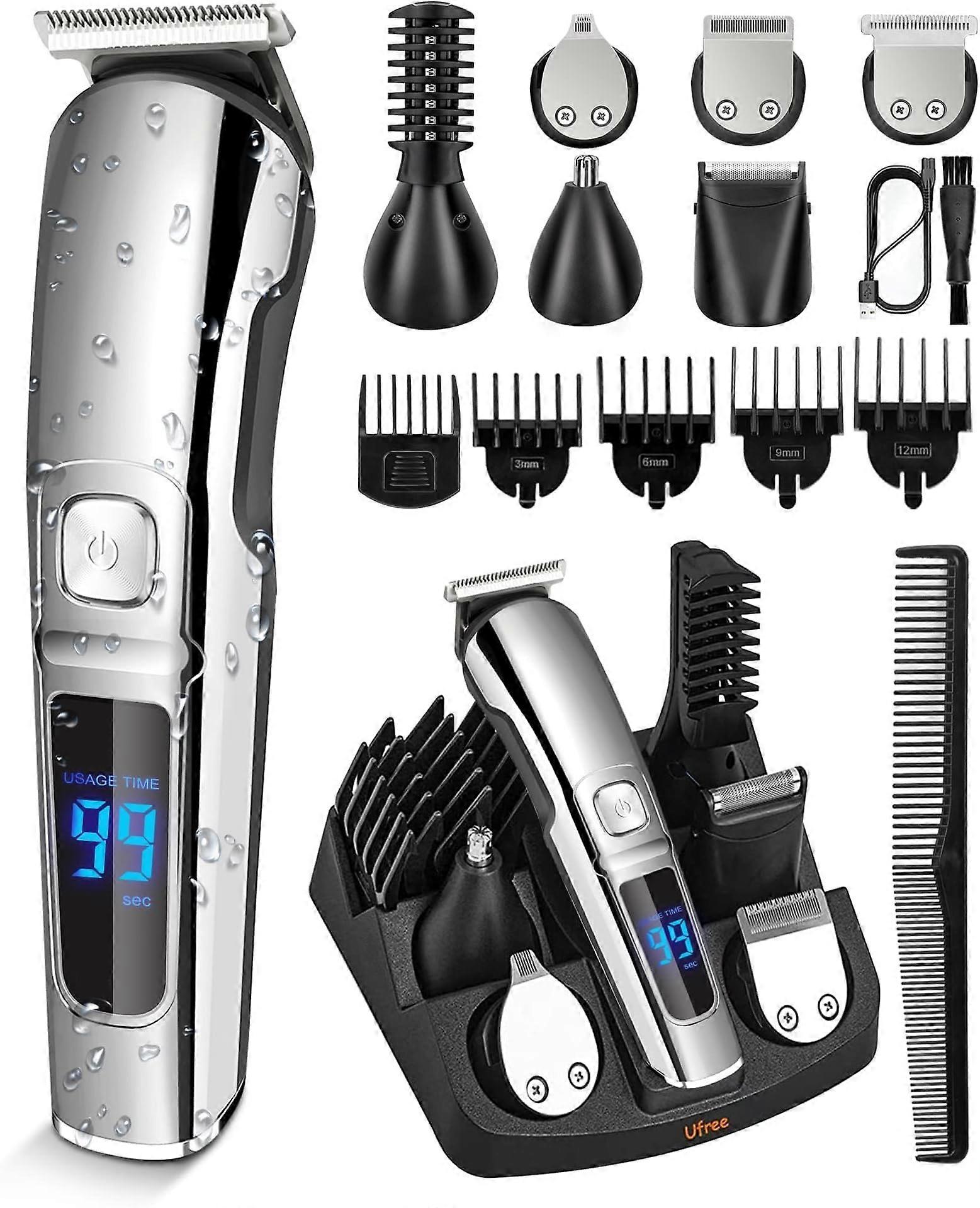 Beard Trimmer for Men Waterproof - Cordless Electric Grooming Kit with 6 Heads, 5 Combs, Rechargeable Clipper, Silver