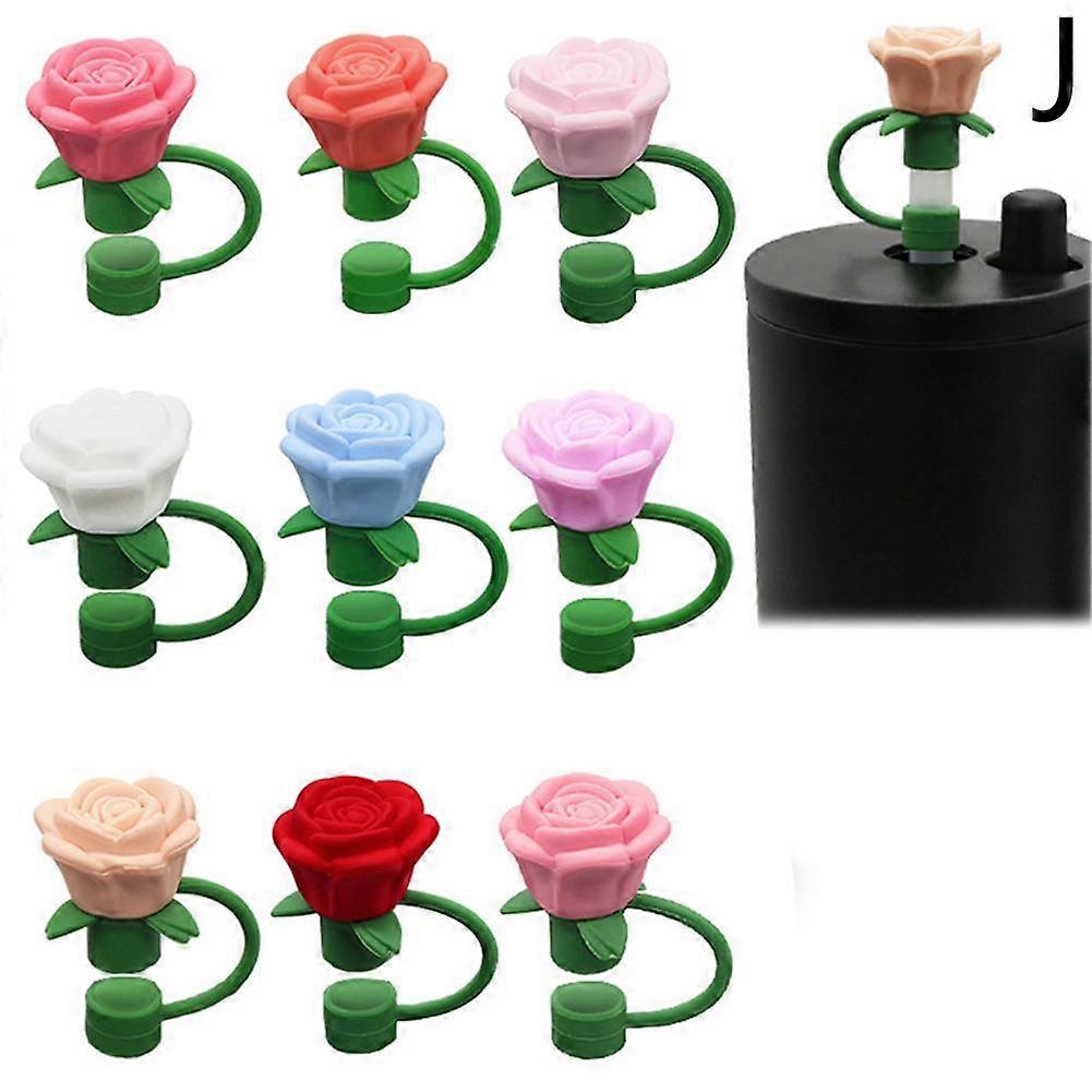 9pcs set (J)$Straw cap dustproof silicone three-dimensional rose straw cap 10mm cartoon straw cover accessories