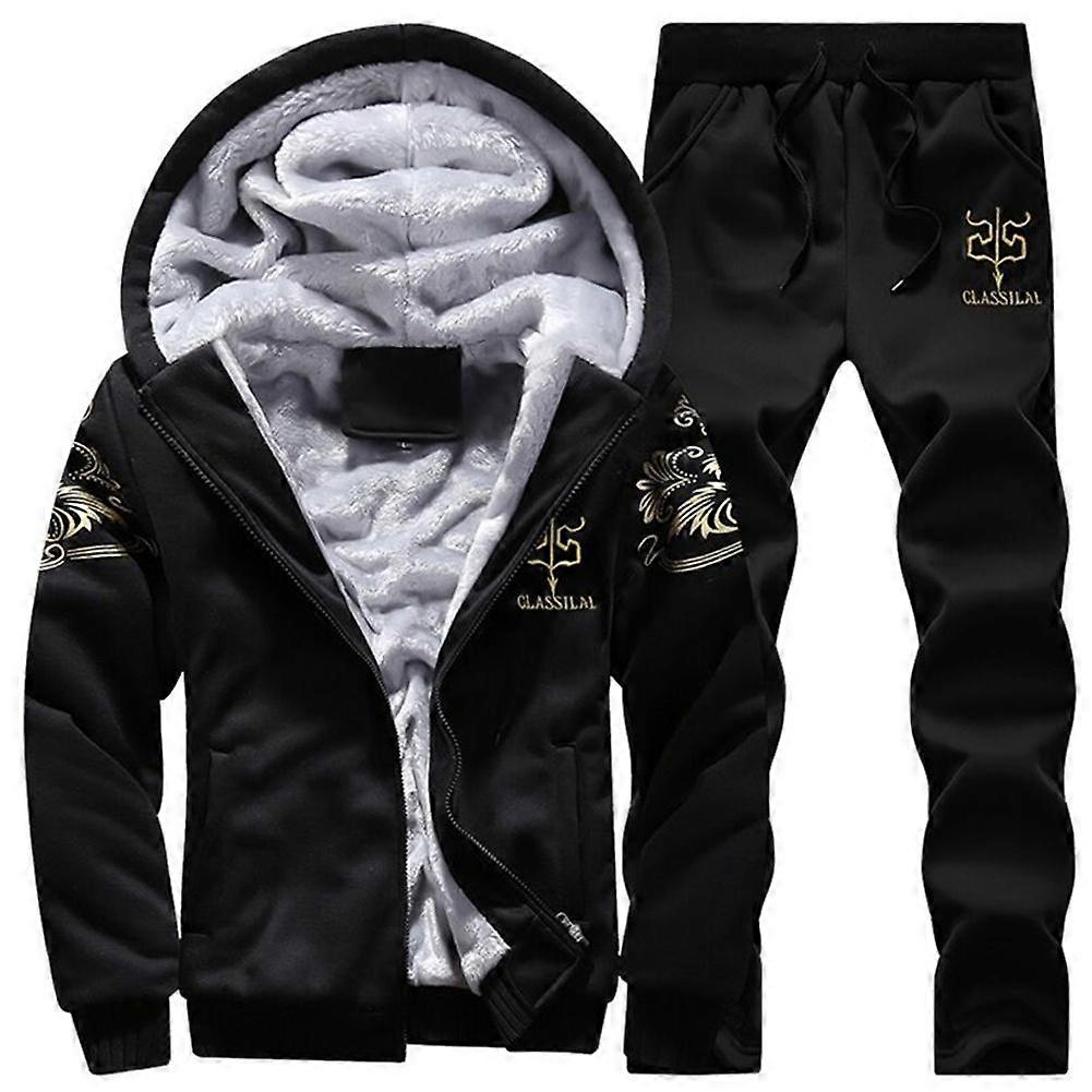 Men's Winter Plus Size Printing Warm Suit Long-sleeved Hooded Zipper Shirt + Thickened Pants 2-piece Set
