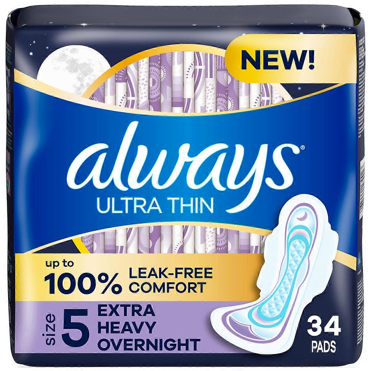 Always Ultra Thin Extra Heavy Overnight Pads, Size 5 - 34ct