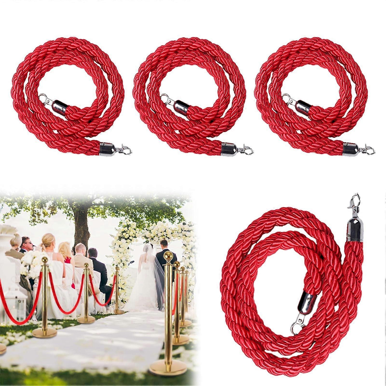 Stanchion Rope 4-Pack Red Velvet Ropes 0.9m with Braided Silver Hooks for Parties and Crowd Control