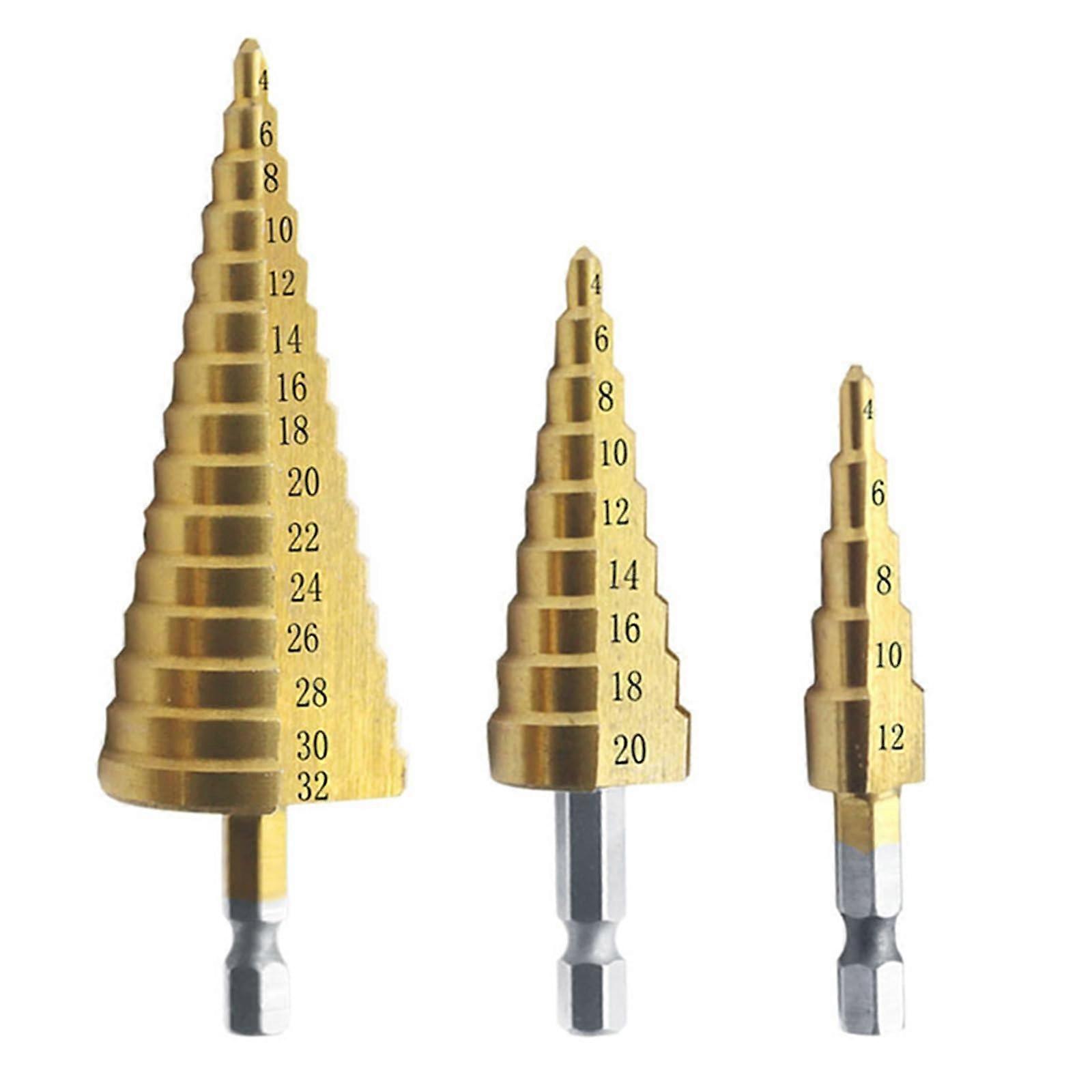 Sheet Metal Drill Bit Set, Titanium Coated, Hex Shank, Step Cone Bits 4-12 mm, 20 mm, 32 mm