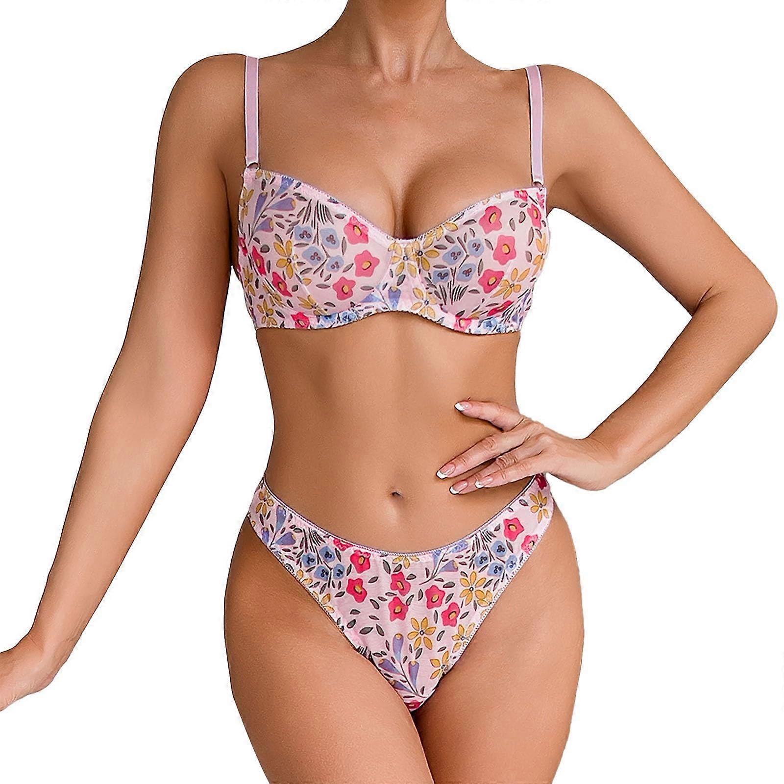 Damen Bikini Set Floral Pattern Underwire Push-Up Two-Piece Swimsuit Purple Size S Style-Y01