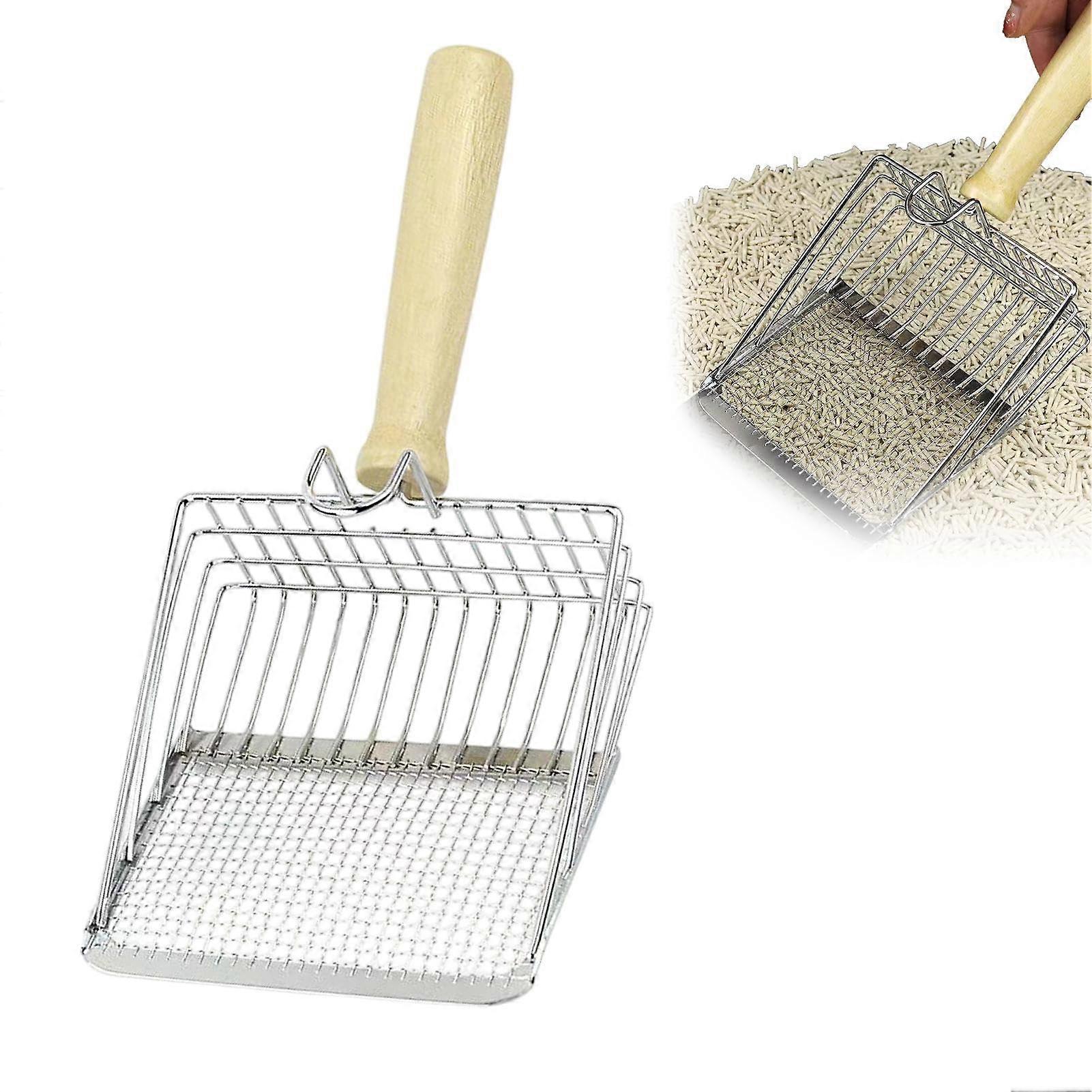 Cat Litter Scoop Metal with Wooden Handle, Long Handle Deep Cat Scoop for Clumping Litter, 27 cm Silver