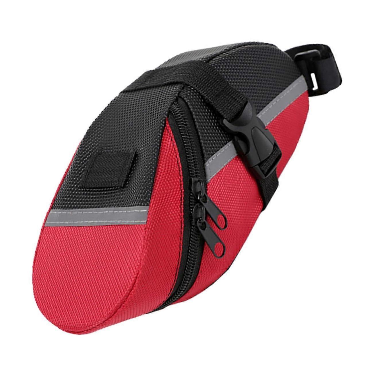 Waterproof bicycle saddle bag tool and accessory organizer for mountain bike, easy to attach to saddle, red bike bag for secure storage.