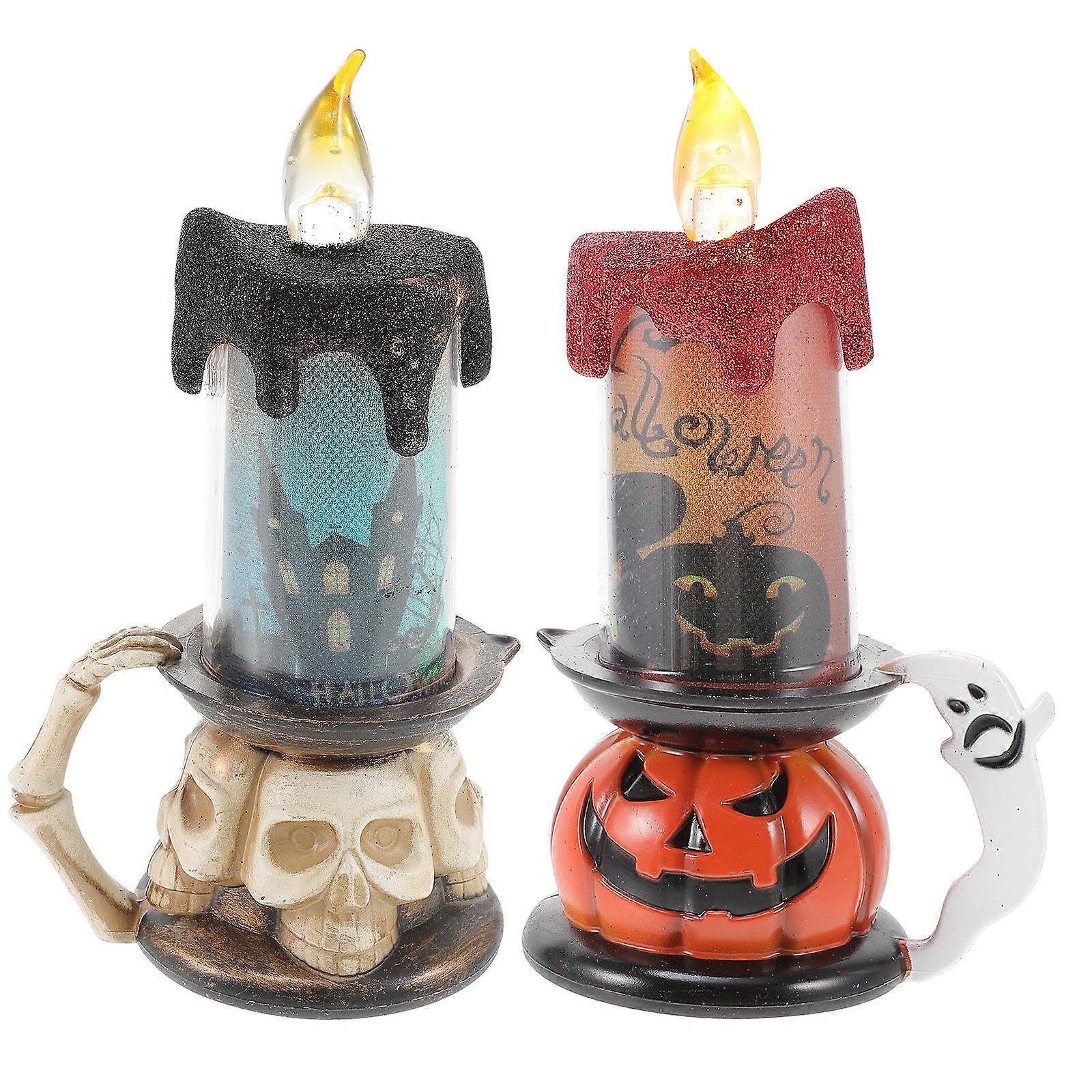 2Pcs Multi Color Halloween Candle Light Set Featuring Skull And Pumpkin For Home Decor
