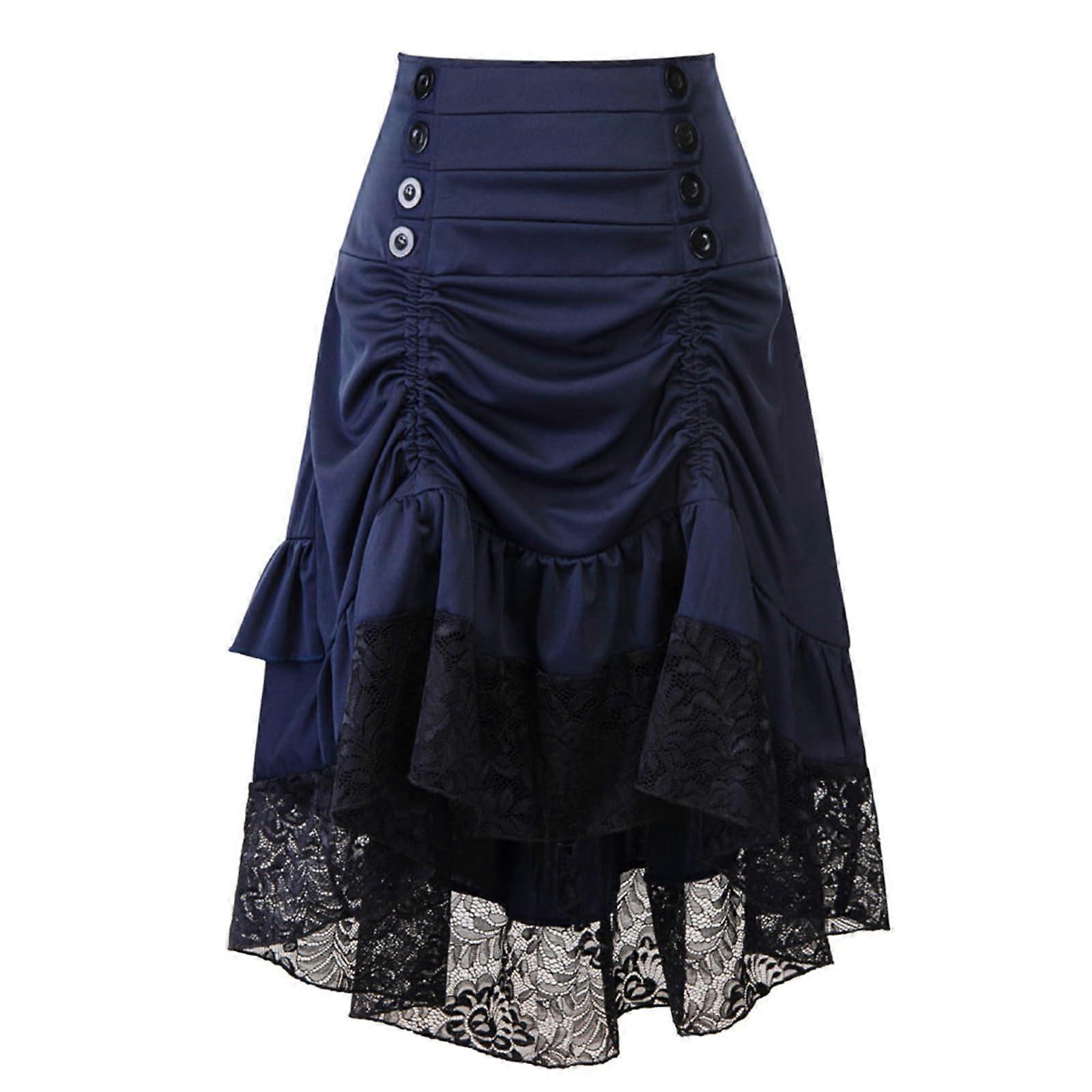 Gothic Halloween Lace Patchwork Skirt Size M With Drawstring For Women Medieval Witch Costume Blue