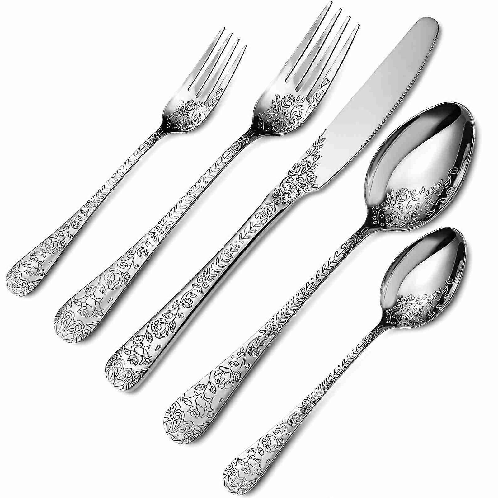 4 Sets Silverware Set Floral Carved Spoon Cutter Fork 22.9cm Silver