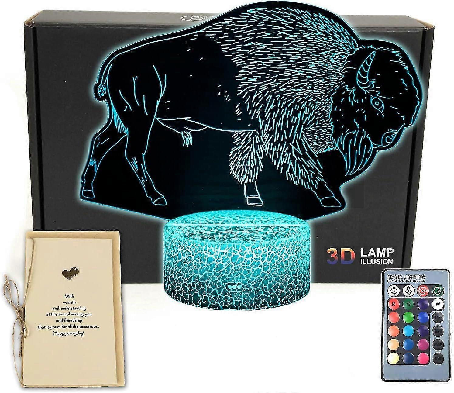 Buffalo Animals 3D Illusion Table Lamp Night Light with Greeting Card,Luminous Base,16 Colors Change