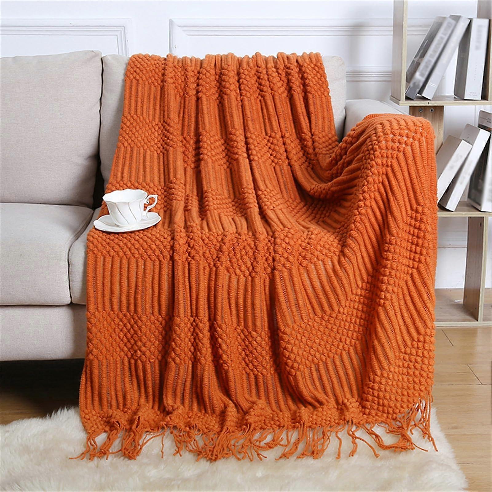 Boho Throw Blanket Orange 51 X 71 Inch 130 X 180 CM Knitted Tassel Throw, Printed For Bedroom And Travel
