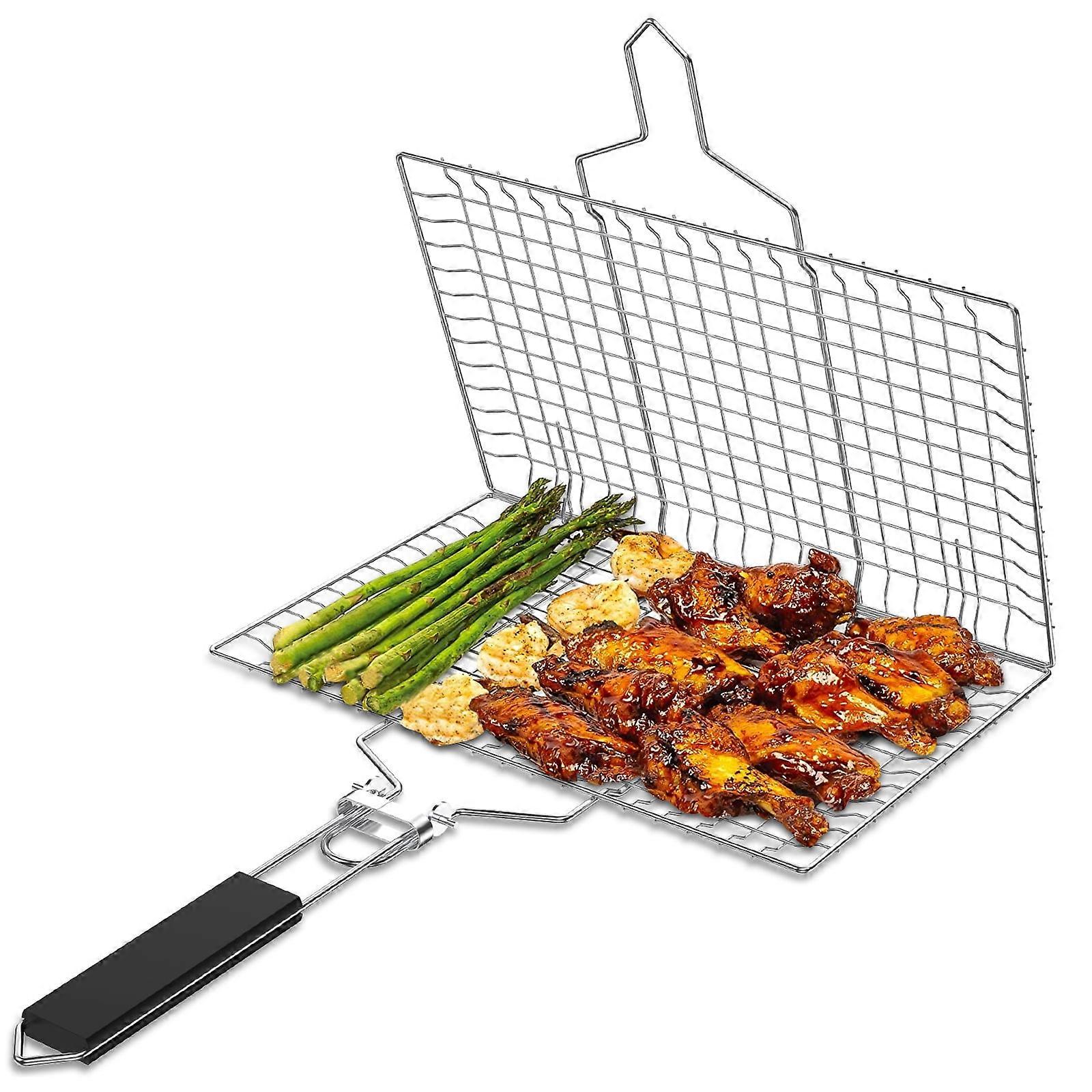 Grusce Stainless Steel Grill Basket with Easy Open/Close Lid, Foldable Handle, Large Capacity, Compatible with BBQ Grills, Portable & Durable for