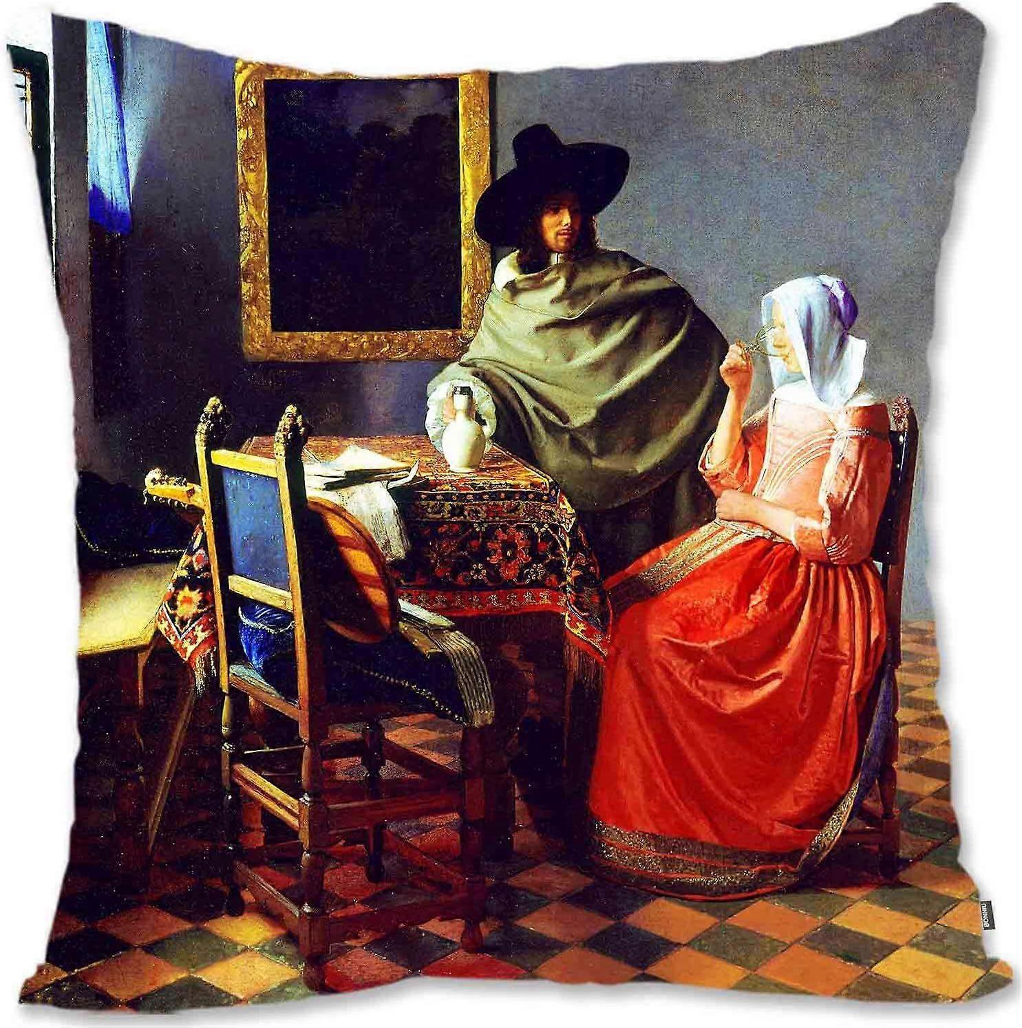 h416装飾的なスロー枕カバーバロックアート - デフーホ - デルフトHCの家の中庭 - ワインJV(A1-984)lm4を飲む紳士