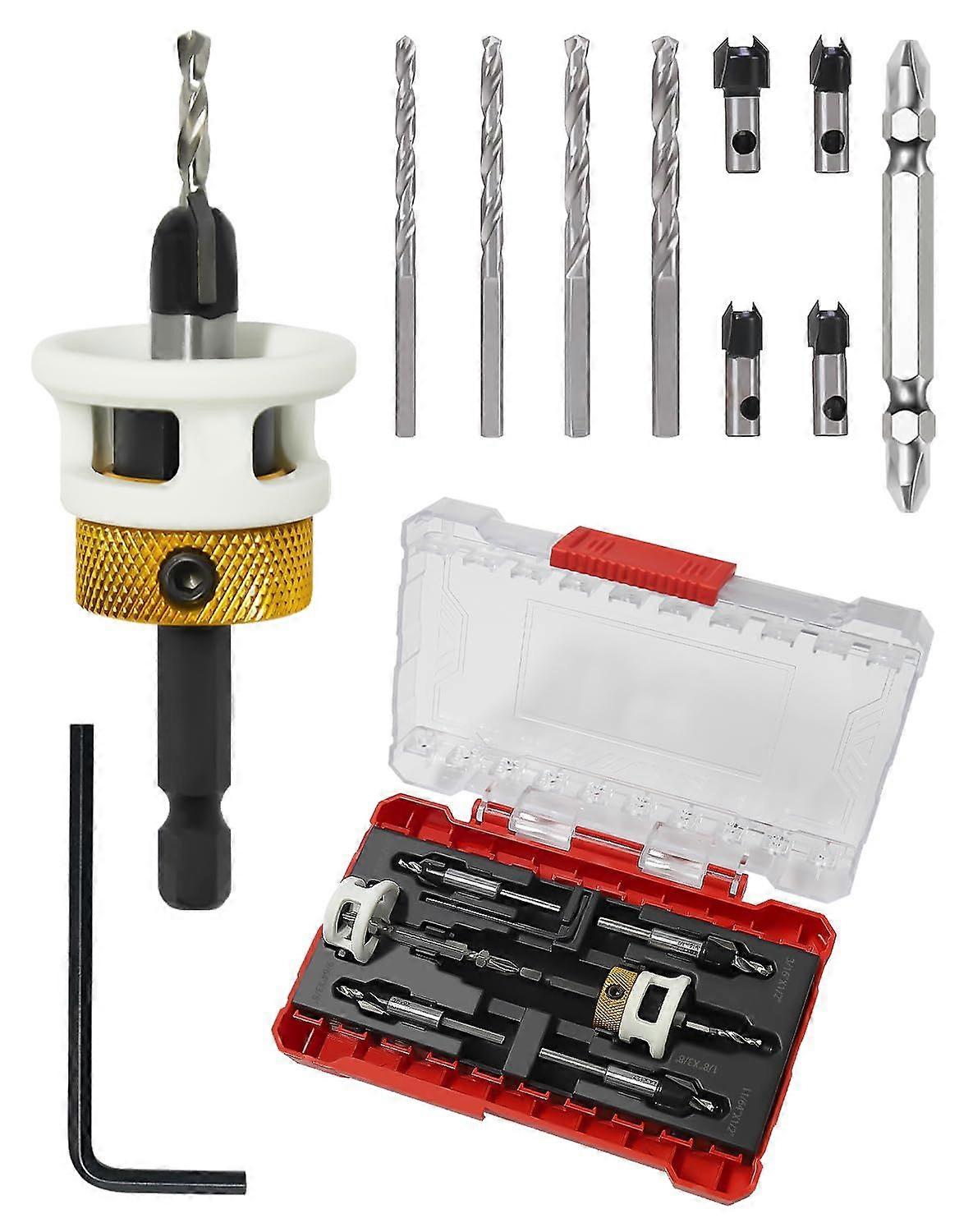 Carbide Tipped Countersink Drill Bits Set with Low Friction Depth Stop, 1/4" Quick Change Hex Shank Countersink Drill with Replaceable HSS Pilot Drill